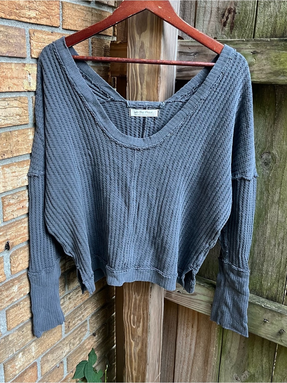 We The Free Charcoal Gray Waffle-Knit Long Sleeve Top